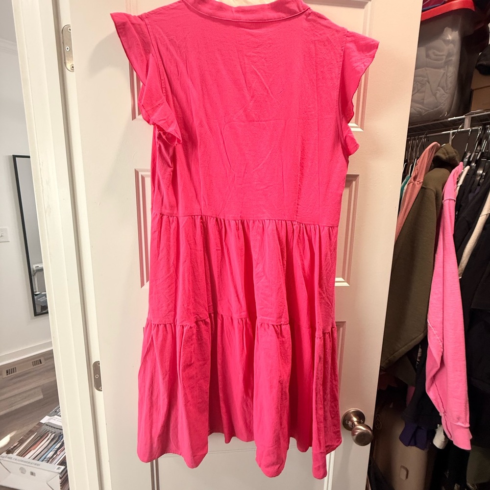 SHEIN Bright Pink Tiered Flutter-Sleeve Casual Dress